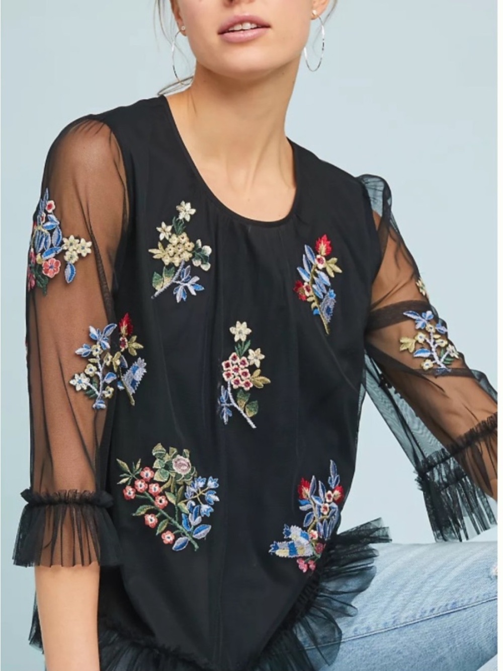 Ranna Gill Black Sheer Blouse with Multicolor Floral Embroidery